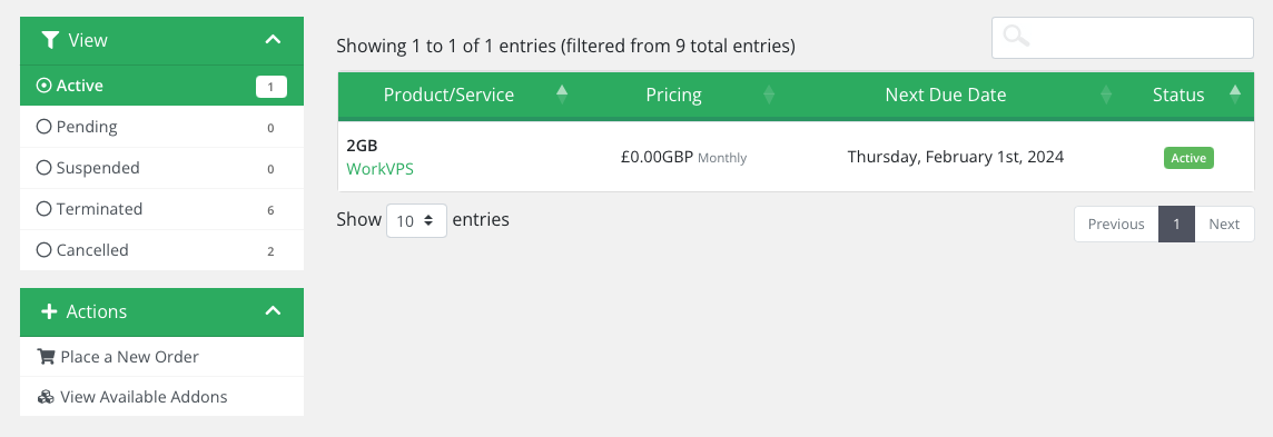 RowanCloud Client Area services table, filtered active services with 1 VPS