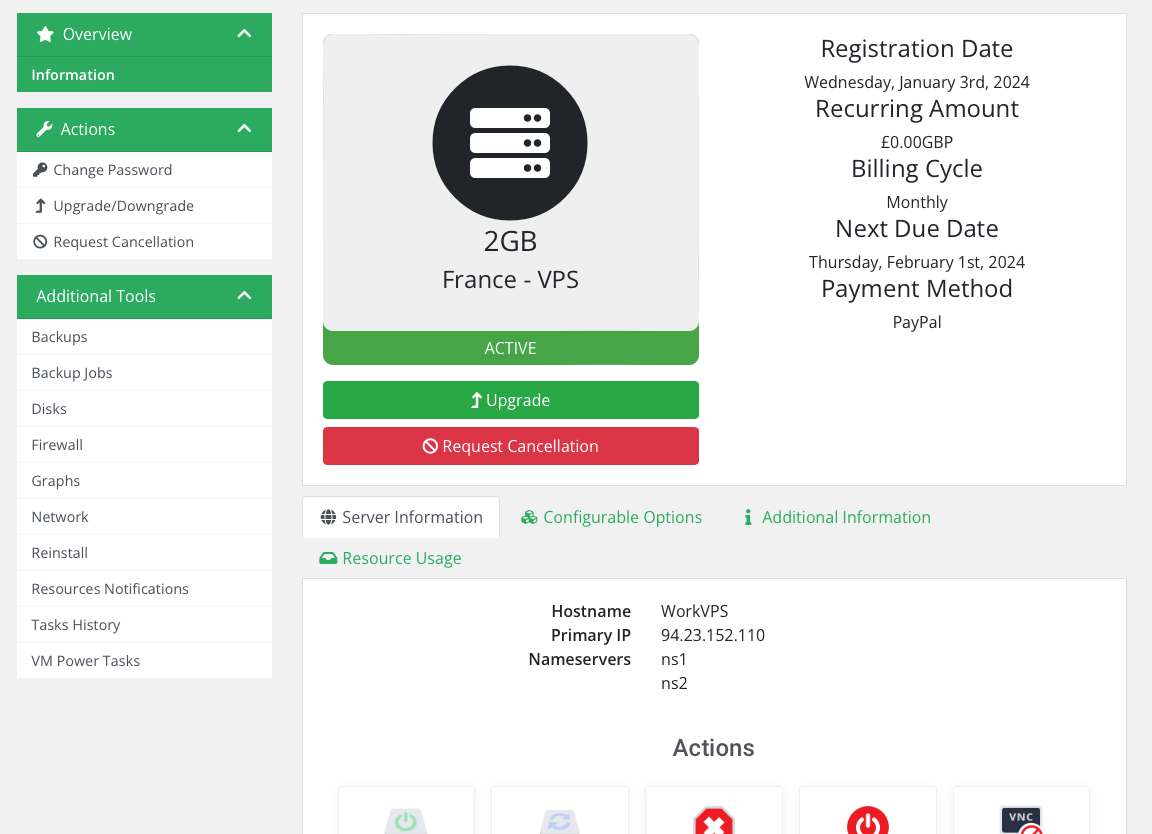 Rowan Cloud VPS Control Panel, highlighting the Upgrade/Downgrade option