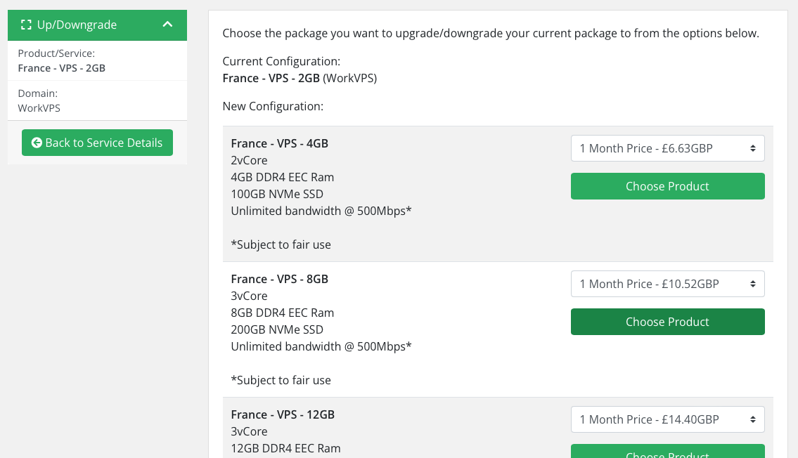 List of available upgrade or downgrade options for RowanCloud 2GB VPS.