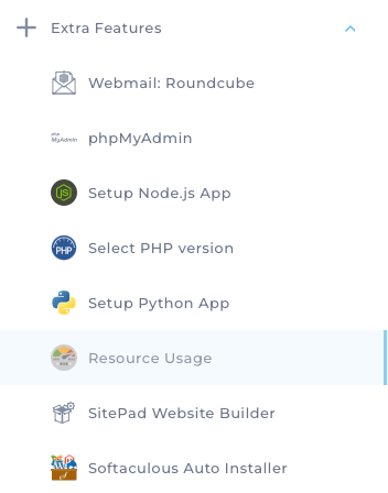 Direct Admin Control Panel Extra Features Dropdown selecting Resource Usage