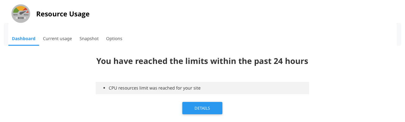 Cloudlinux resource usage page, showing that the CPU resource has been exceeded.