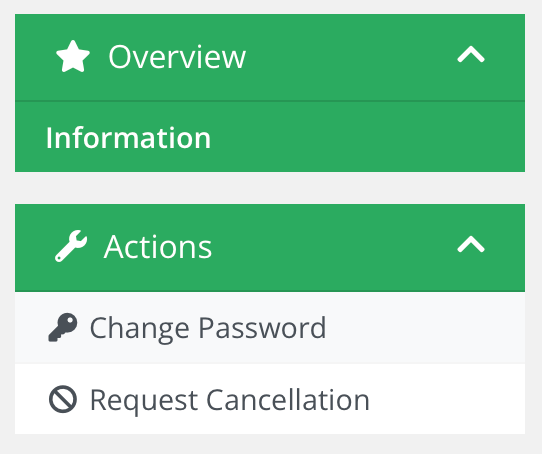 Side bar of hosting services, showing Change Password option highglighted